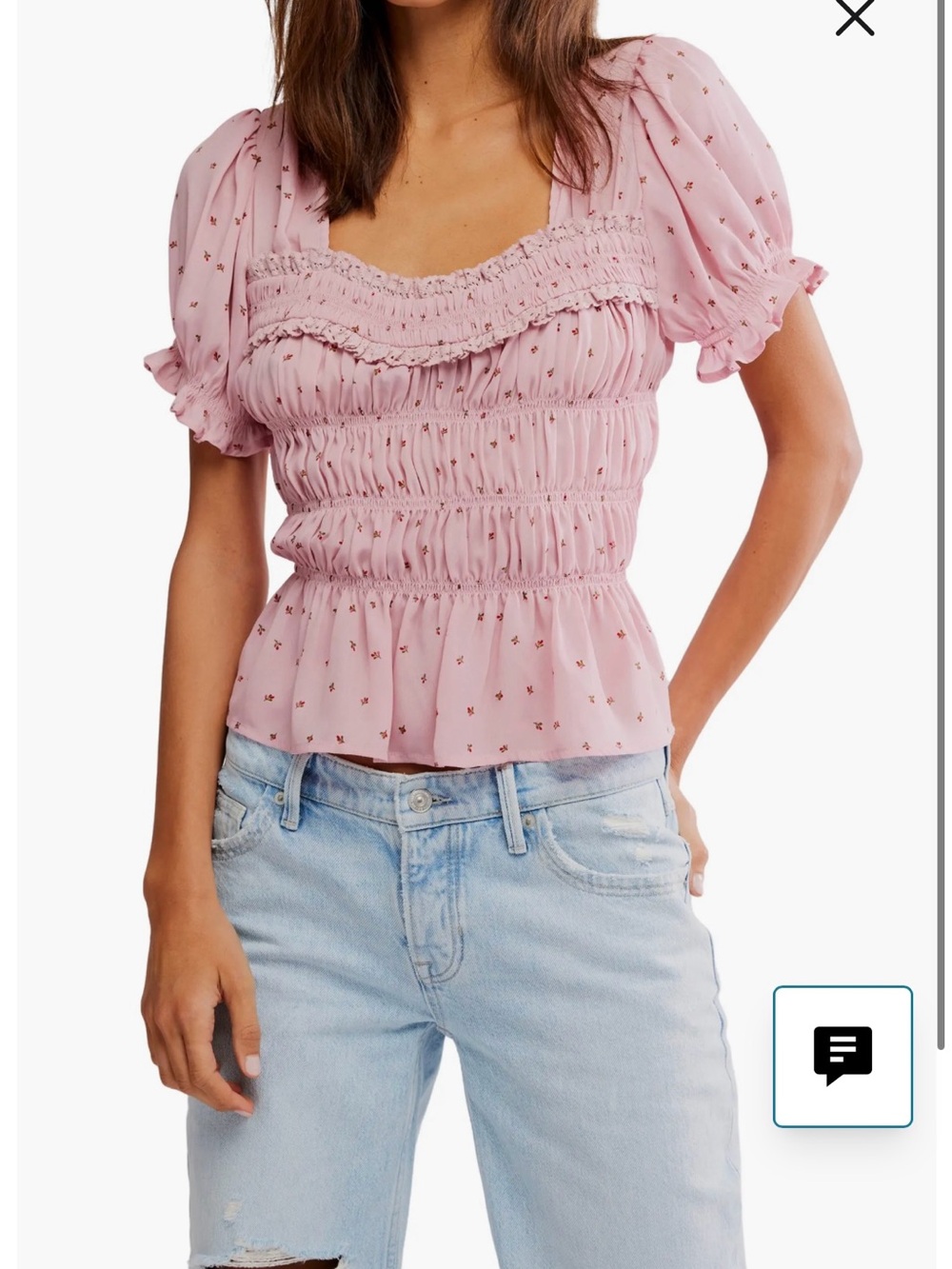 Free People Pink Smocked Puff-Sleeve Square-Neck Blouse